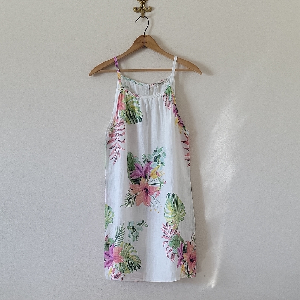 Lungo L'Arno Puro Lino Flax Linen White Floral Tropical Floral Print Size Medium